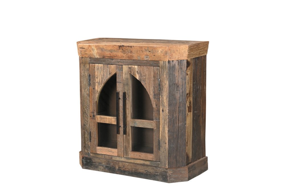 35" Brown Distressed Reclaimed Wood Sideboard With Two Glass Doors HomeRoots