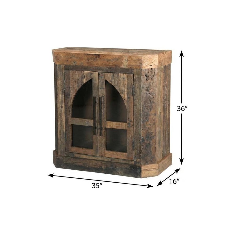 35" Brown Distressed Reclaimed Wood Sideboard With Two Glass Doors HomeRoots