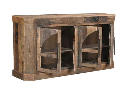 72" Brown Distressed Reclaimed Wood Sideboard With Four Glass Doors HomeRoots