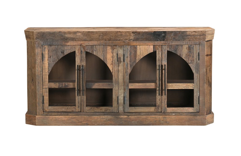 72" Brown Distressed Reclaimed Wood Sideboard With Four Glass Doors HomeRoots
