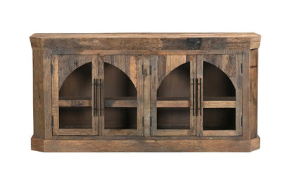 72" Brown Distressed Reclaimed Wood Sideboard With Four Glass Doors HomeRoots