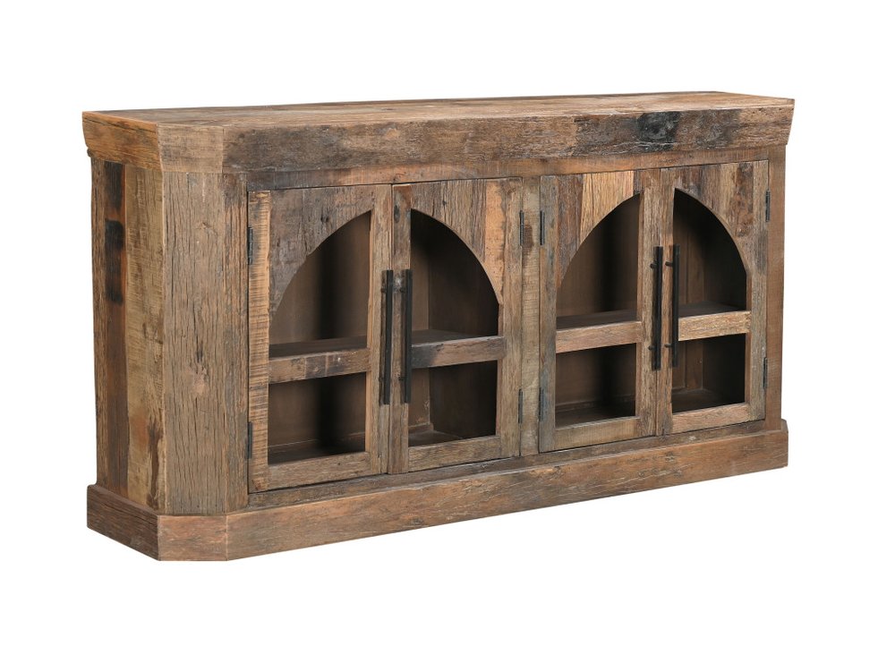 72" Brown Distressed Reclaimed Wood Sideboard With Four Glass Doors HomeRoots