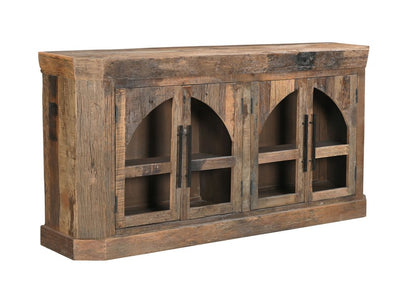 72" Brown Distressed Reclaimed Wood Sideboard With Four Glass Doors HomeRoots