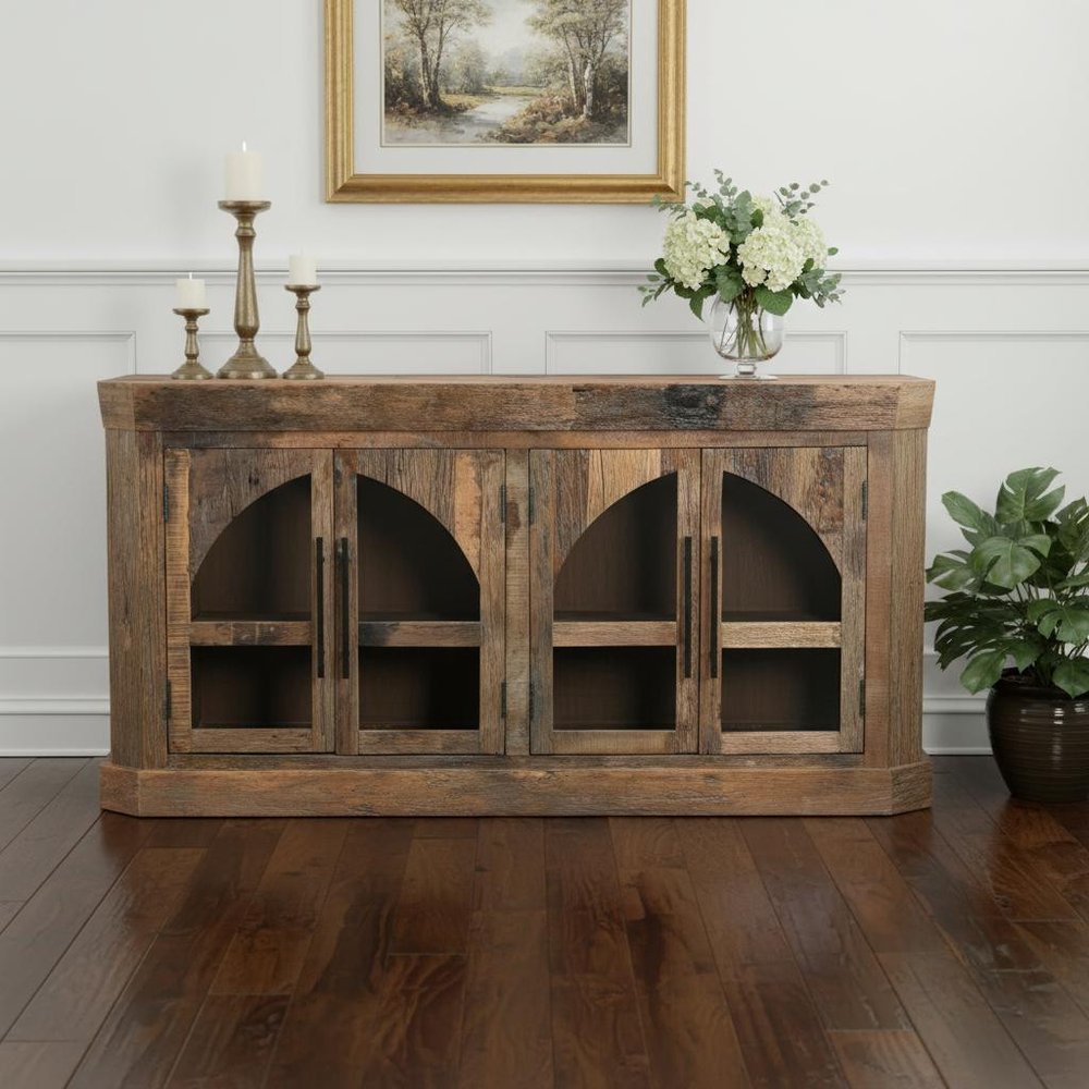 72" Brown Distressed Reclaimed Wood Sideboard With Four Glass Doors HomeRoots