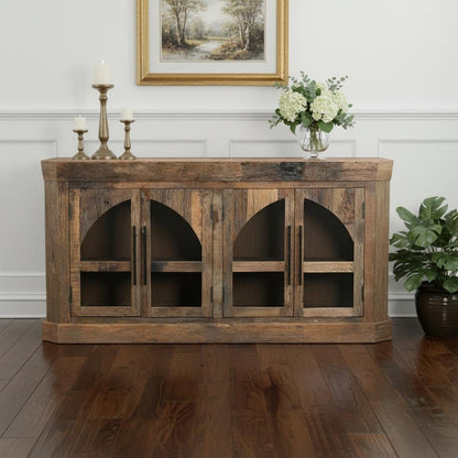 72" Brown Distressed Reclaimed Wood Sideboard With Four Glass Doors HomeRoots