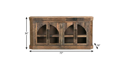 72" Brown Distressed Reclaimed Wood Sideboard With Four Glass Doors HomeRoots