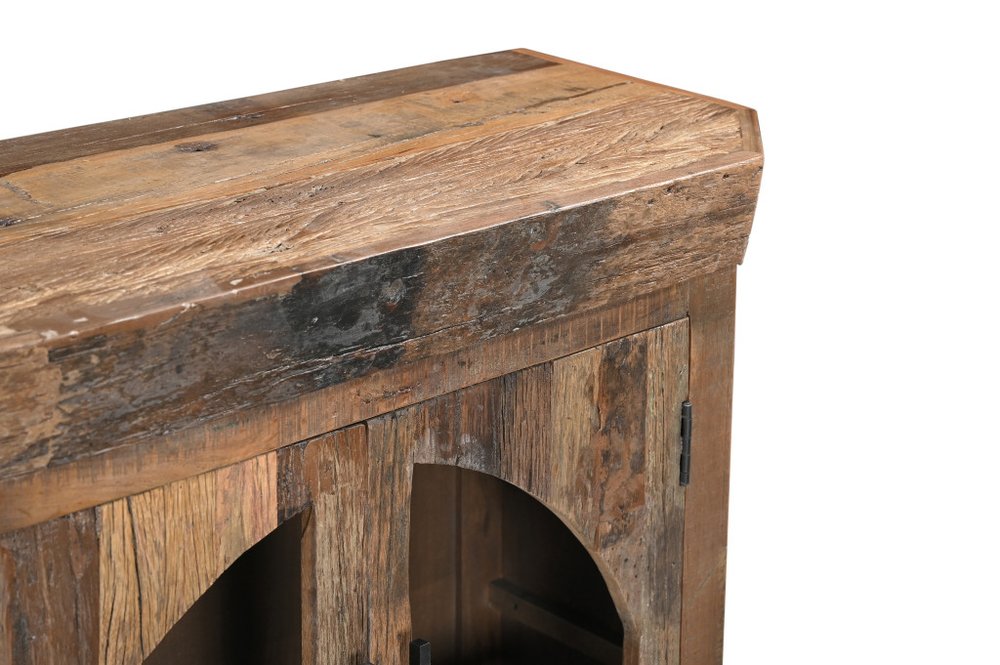72" Brown Distressed Reclaimed Wood Sideboard With Four Glass Doors HomeRoots