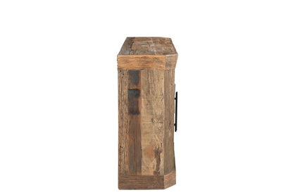 72" Brown Distressed Reclaimed Wood Sideboard With Four Glass Doors HomeRoots