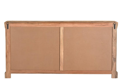 72" Brown Distressed Reclaimed Wood Sideboard With Four Glass Doors HomeRoots