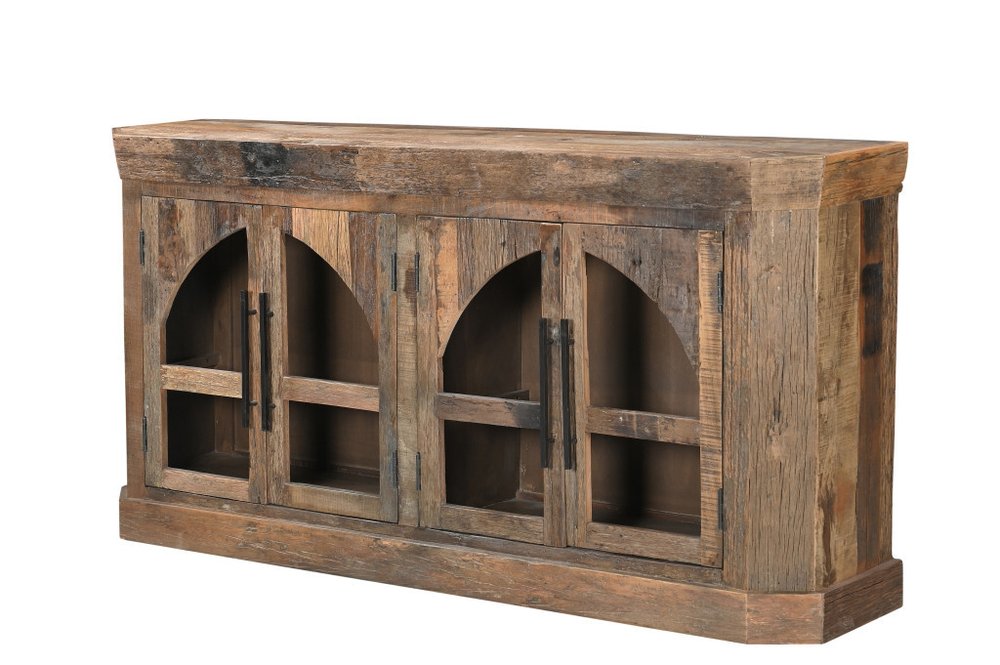 72" Brown Distressed Reclaimed Wood Sideboard With Four Glass Doors HomeRoots