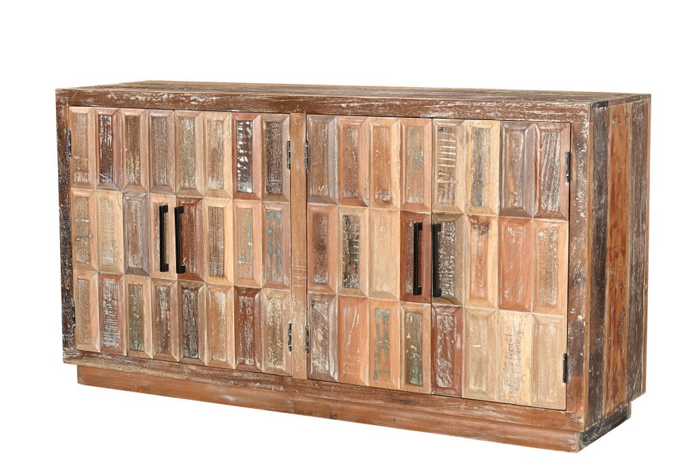 71" Brown Distressed Reclaimed Wood Carved Geometric Sideboard With Four Doors HomeRoots