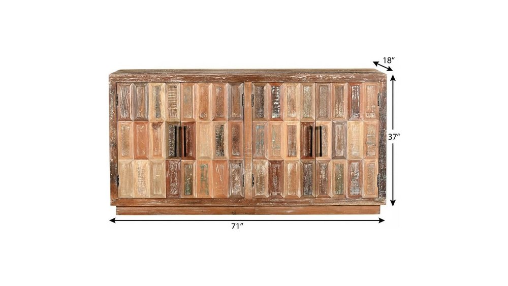 71" Brown Distressed Reclaimed Wood Carved Geometric Sideboard With Four Doors HomeRoots