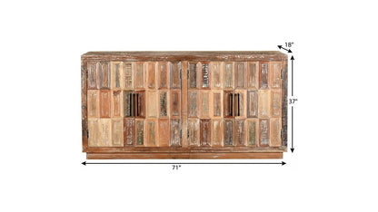71" Brown Distressed Reclaimed Wood Carved Geometric Sideboard With Four Doors HomeRoots