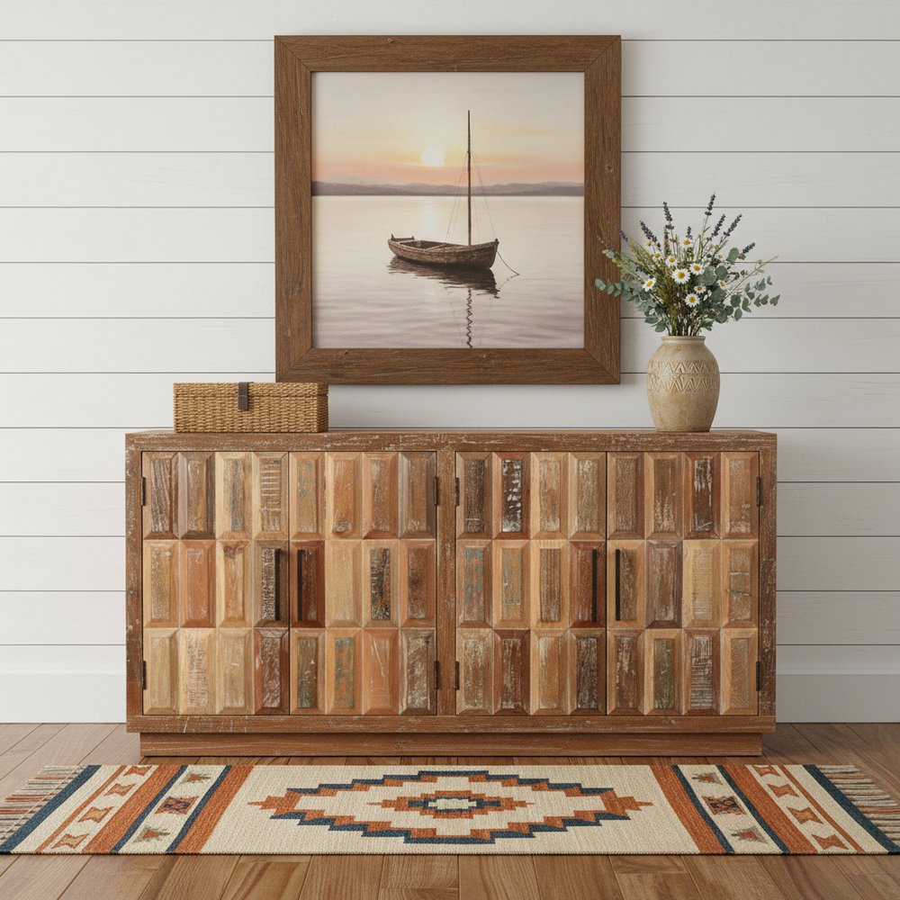 71" Brown Distressed Reclaimed Wood Carved Geometric Sideboard With Four Doors HomeRoots