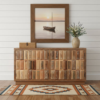 71" Brown Distressed Reclaimed Wood Carved Geometric Sideboard With Four Doors HomeRoots