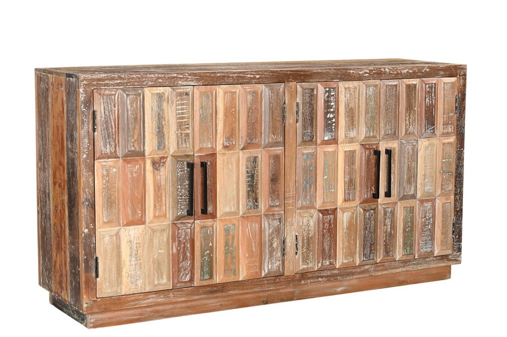 71" Brown Distressed Reclaimed Wood Carved Geometric Sideboard With Four Doors HomeRoots