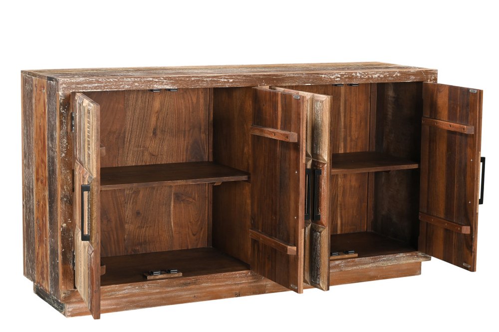 71" Brown Distressed Reclaimed Wood Carved Geometric Sideboard With Four Doors HomeRoots