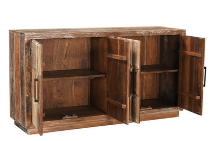 71" Brown Distressed Reclaimed Wood Carved Geometric Sideboard With Four Doors HomeRoots