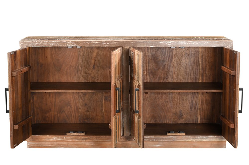 71" Brown Distressed Reclaimed Wood Carved Geometric Sideboard With Four Doors HomeRoots