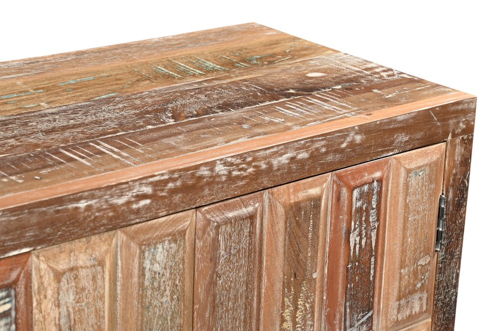 71" Brown Distressed Reclaimed Wood Carved Geometric Sideboard With Four Doors HomeRoots