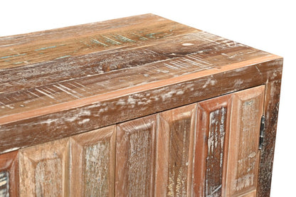 71" Brown Distressed Reclaimed Wood Carved Geometric Sideboard With Four Doors HomeRoots