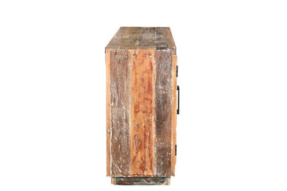 71" Brown Distressed Reclaimed Wood Carved Geometric Sideboard With Four Doors HomeRoots