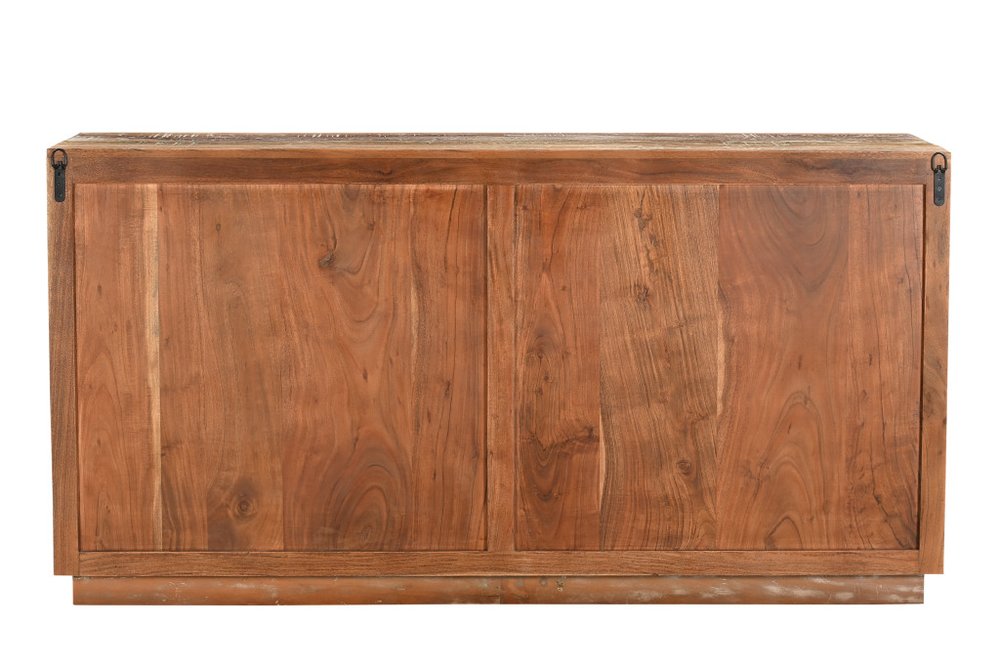 71" Brown Distressed Reclaimed Wood Carved Geometric Sideboard With Four Doors HomeRoots