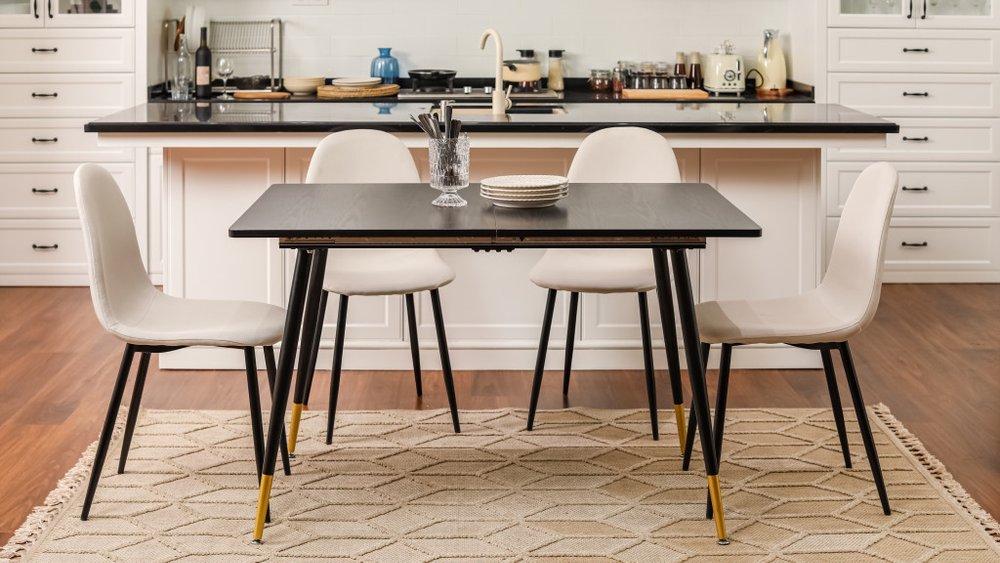 Set of Four Beige and Black Fabric and Metal Dining Side Chairs — view 2