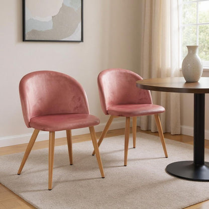Set of Two Pink and Oak Upholstered Velvet Dining Side Chairs HomeRoots