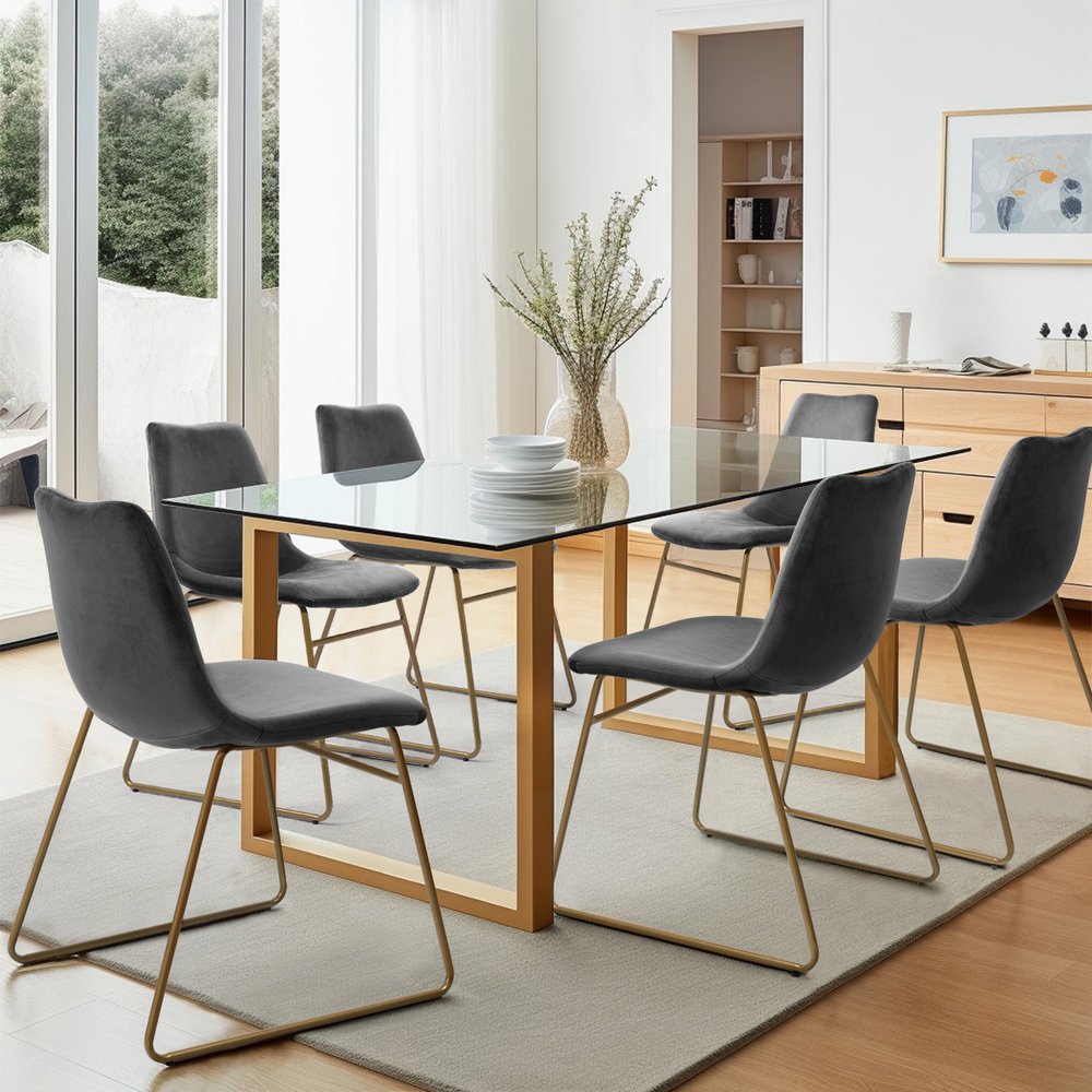 Set of Two Dark Green and Gold Velvet and Metal Dining Side Chairs — view 3