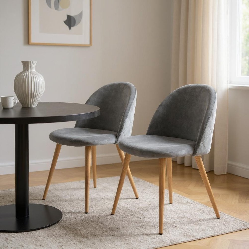 Set of Two Gray and Oak Velvet and Metal Dining Side Chairs — view 8