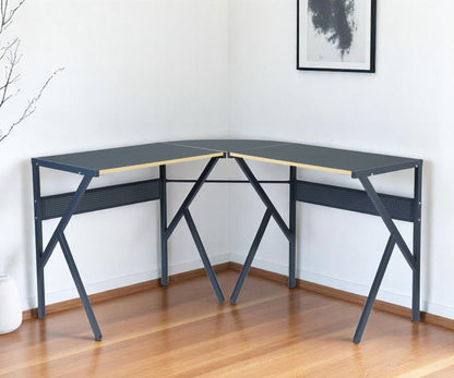 49" Black Wood and Metal Corner H-Shape Computer Desk