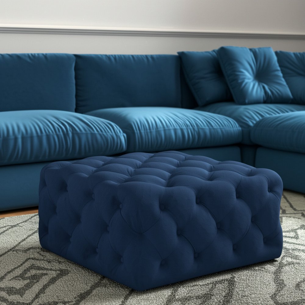 33" Navy Blue Velvet Rolling Tufted Cocktail Ottoman HomeRoots