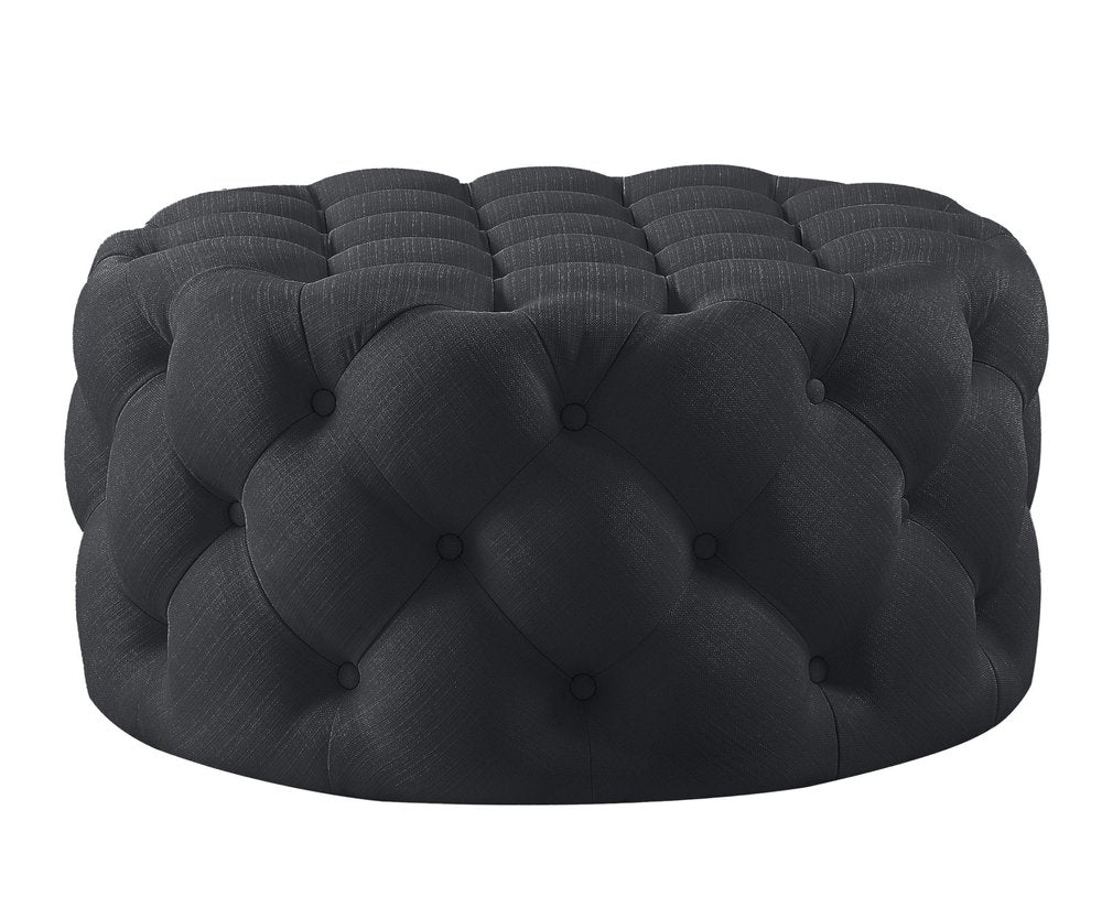 33" Black Linen Tufted Round Cocktail Ottoman HomeRoots