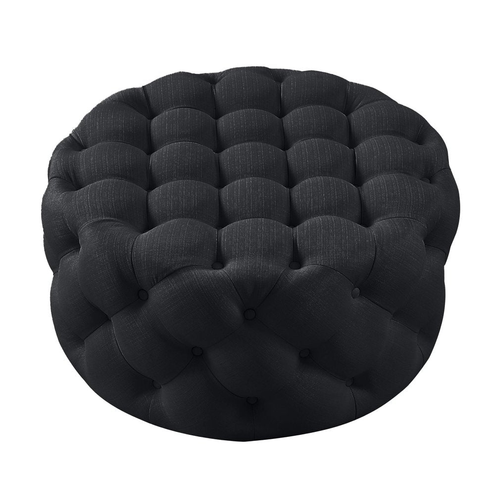 33" Black Linen Tufted Round Cocktail Ottoman — view 3
