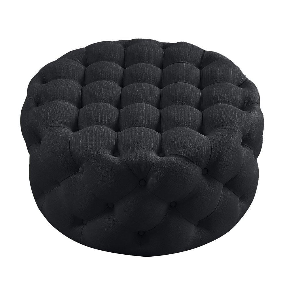 33" Black Linen Tufted Round Cocktail Ottoman — view 4
