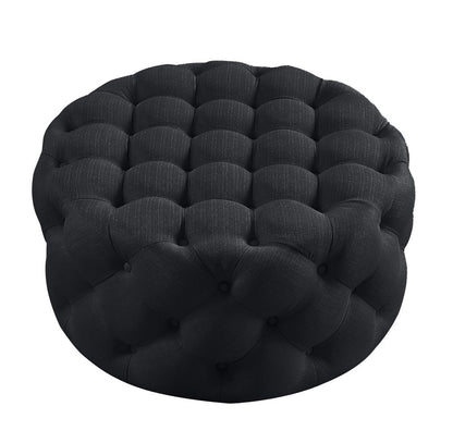 33" Black Linen Tufted Round Cocktail Ottoman HomeRoots