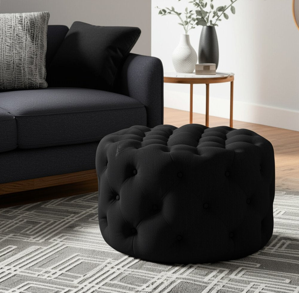 33" Black Linen Tufted Round Cocktail Ottoman — view 1