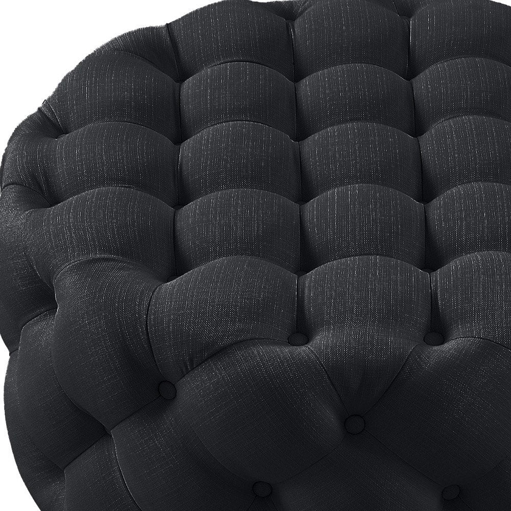 33" Black Linen Tufted Round Cocktail Ottoman HomeRoots