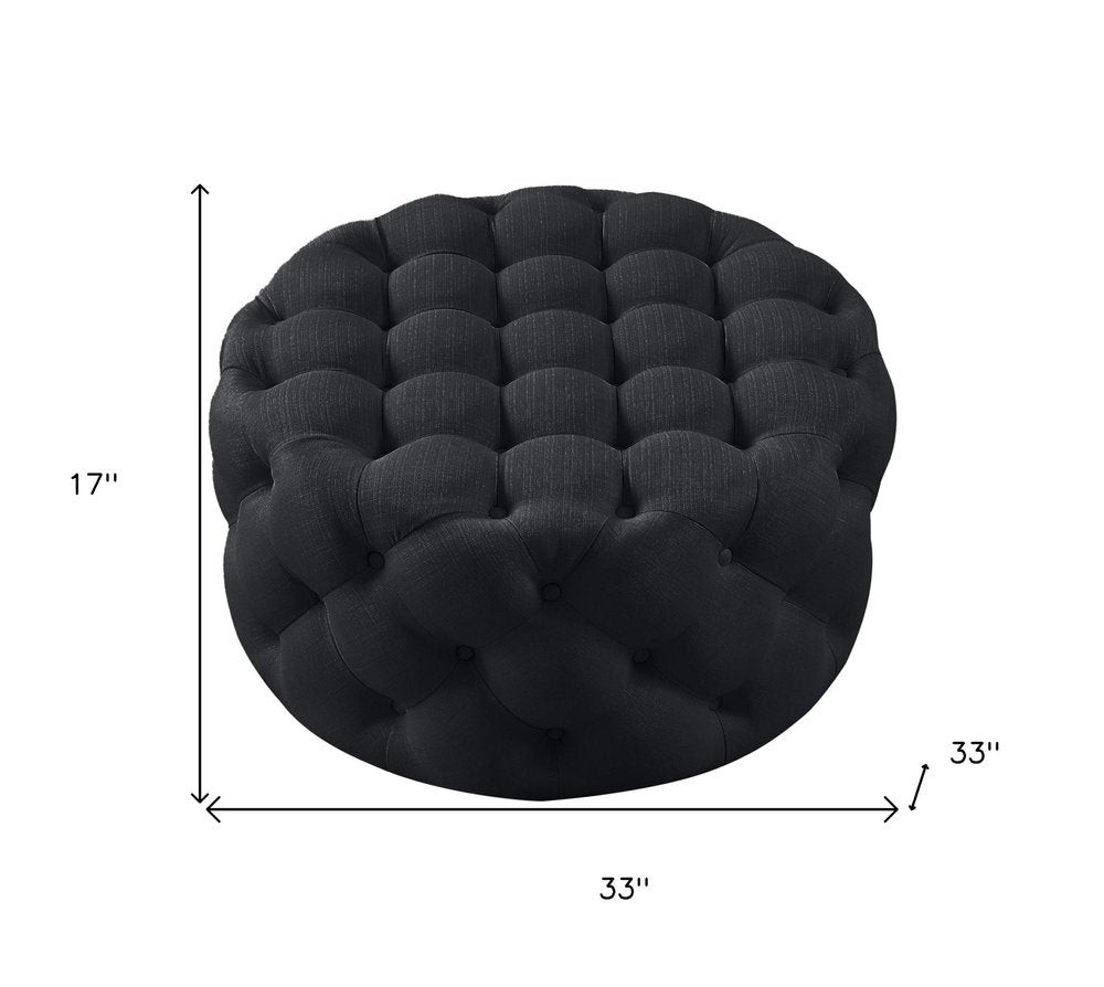 33" Black Linen Tufted Round Cocktail Ottoman — view 8
