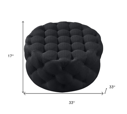 33" Black Linen Tufted Round Cocktail Ottoman