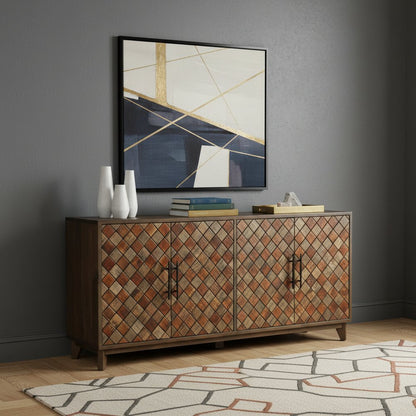 84" Brown Distressed Solid Wood Carved Geometric Sideboard With Four Doors HomeRoots