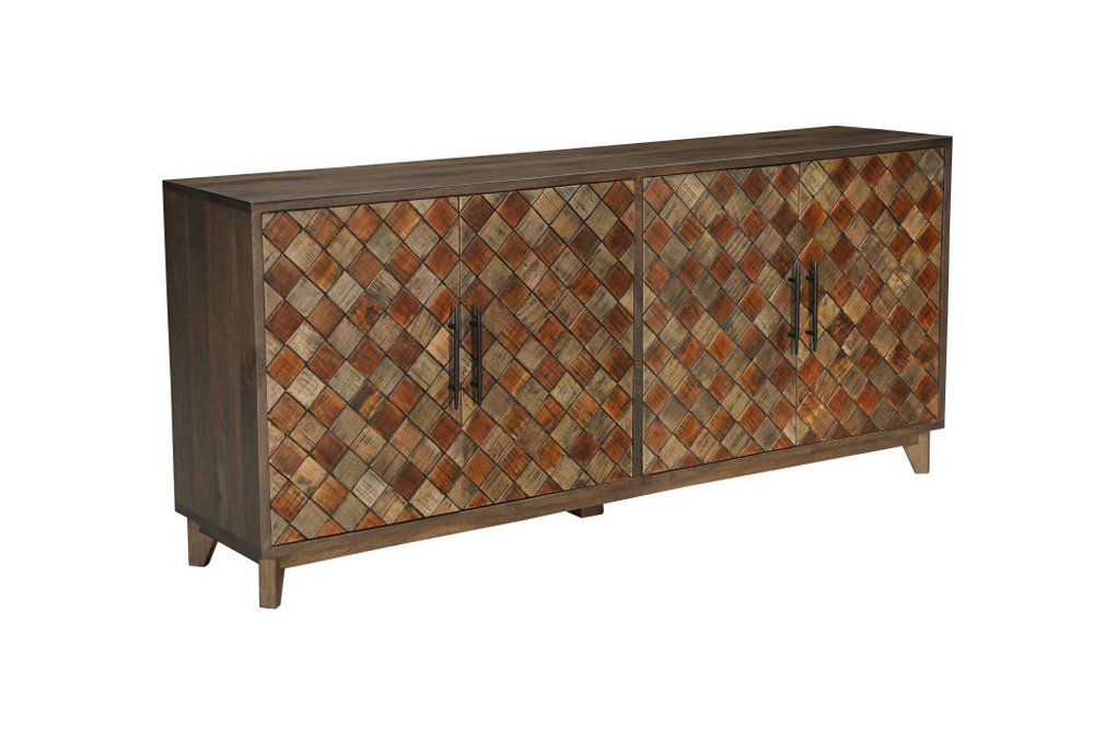 84" Brown Distressed Solid Wood Carved Geometric Sideboard With Four Doors HomeRoots