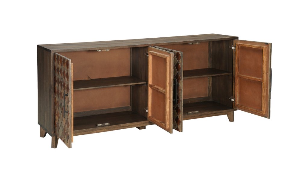 84" Brown Distressed Solid Wood Carved Geometric Sideboard With Four Doors HomeRoots