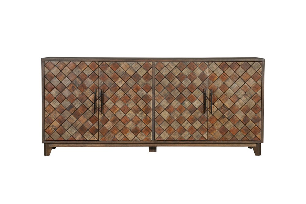 84" Brown Distressed Solid Wood Carved Geometric Sideboard With Four Doors HomeRoots