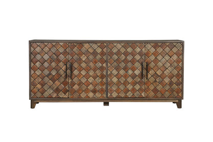 84" Brown Distressed Solid Wood Carved Geometric Sideboard With Four Doors HomeRoots