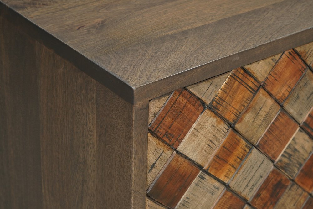 84" Brown Distressed Solid Wood Carved Geometric Sideboard With Four Doors HomeRoots