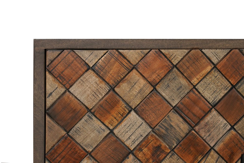 84" Brown Distressed Solid Wood Carved Geometric Sideboard With Four Doors HomeRoots