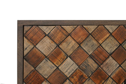 84" Brown Distressed Solid Wood Carved Geometric Sideboard With Four Doors HomeRoots