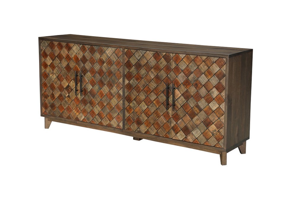 84" Brown Distressed Solid Wood Carved Geometric Sideboard With Four Doors HomeRoots